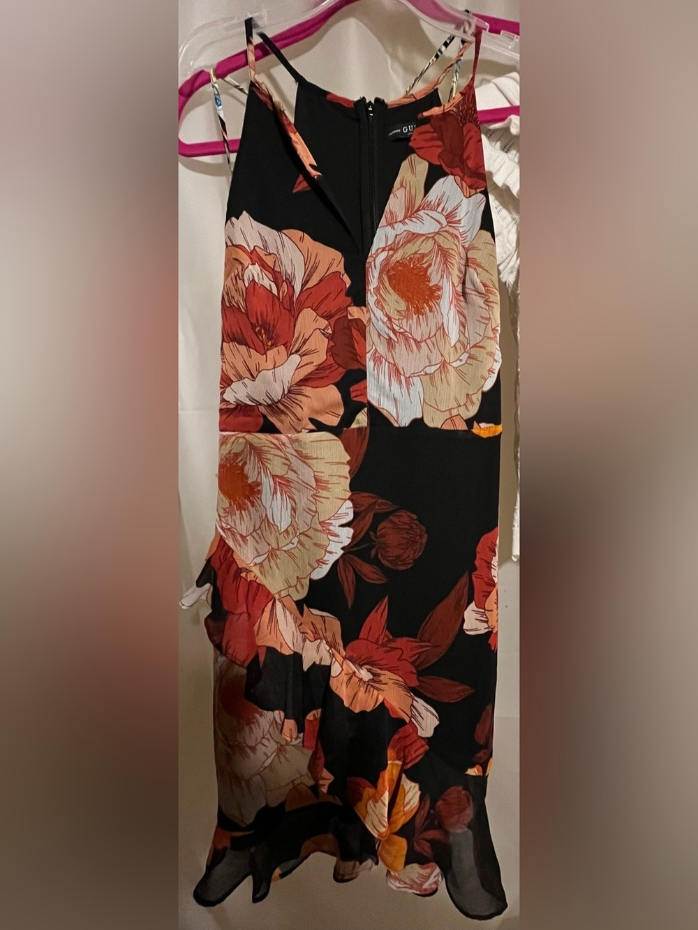 Guess-Black Floral Slip Dress W/Peach&Rust Blooms-W/Asymmetrical Lettuce Bottom